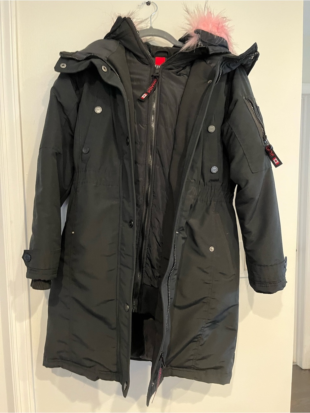 Black Parka Coat with Pink Faux Fur Trim